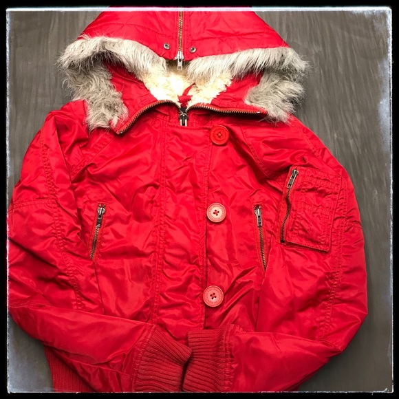 Calvin Klein Jackets & Blazers - Calvin Klein Red Jacket with Fur Hood